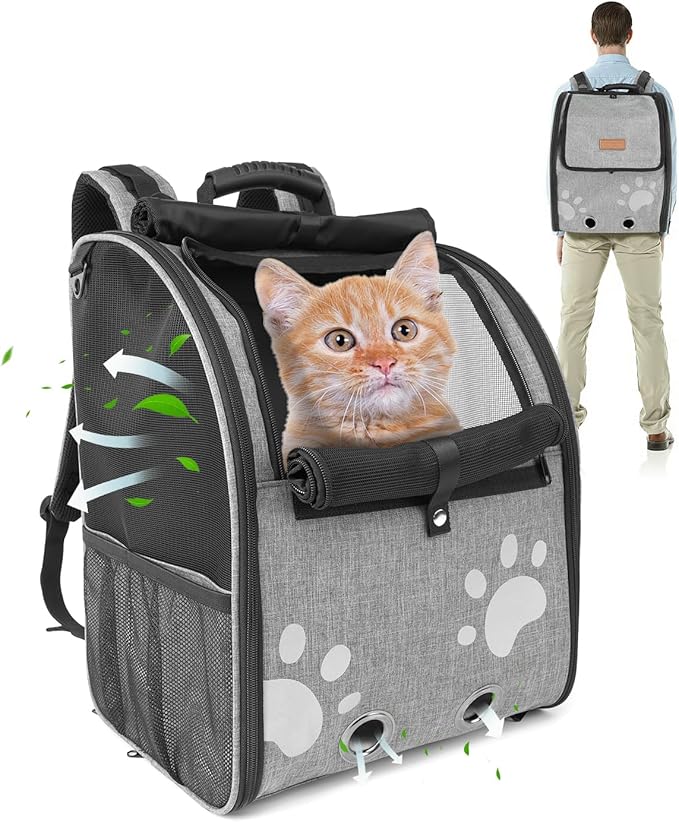 Cat Carrier Backpacks for Kitty Small Dog up to 15 lbs, Lightweight and Foldable Dog Backpack Carrier with Breathable mesh for Travel, Walking, Hiking, Camping and Vet (Grey)