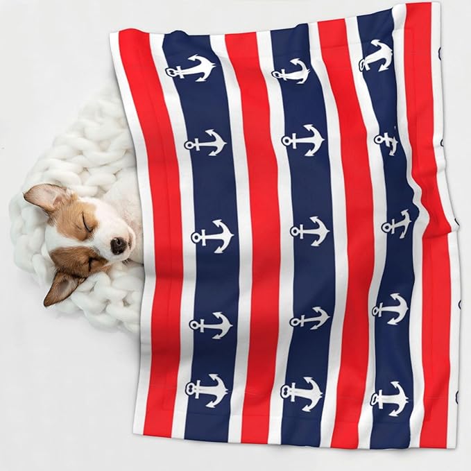 Double Sided Plush Pet Blanket for Small Large Animals, Nautical Anchor Seamless Pattern Blue and Red Stripe, Reversible Throw with Dimpled Dot Side and Flat Side for Kennels Living Rooms
