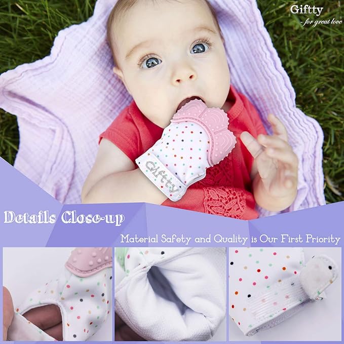 Giftty Teething Mitten Chew Mitt Baby Teether Glove - Self Soothing Teether, Teething Pain Relief Soothing Toy, Prevent Scratches - For 0-6 Months