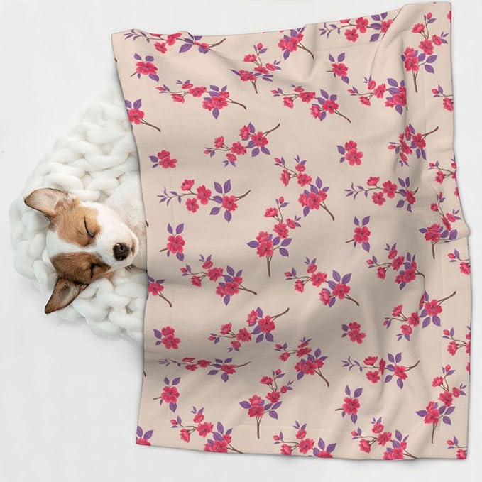 Reversible Plush Dot Pet Blanket for Dogs and Cats, Cherry Flower Seamless Flowers Pattern, Ultra Soft Two Sided Design with Warm Fuzzy Side and Smooth Side for Comfort