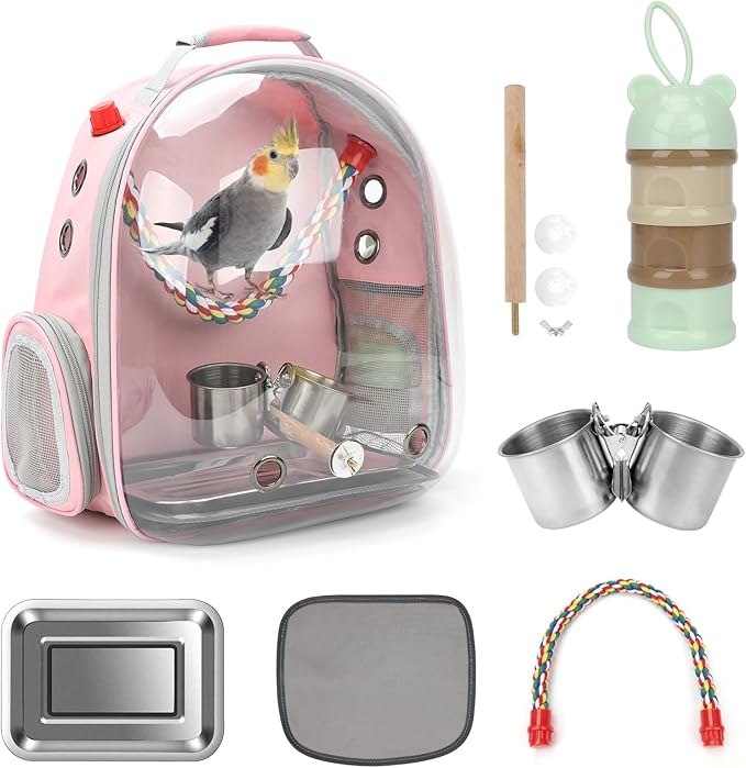 Rypet Bird Carrier Backpack Parrot Portable Breathable Bag Pet Bird Lightweight Travel Cage with Standing Perch and Stainless Steel Tray（Pink）
