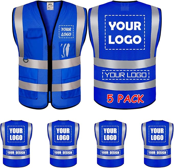 5 Pack Mesh Safety Vest Custom Logo Class 2 High Visibility Reflective Vest with Pockets Construction Security Work Vest Blue