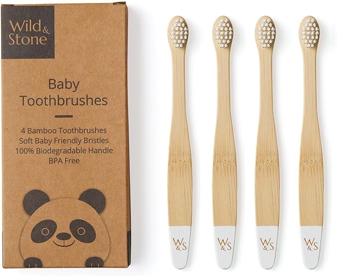 Wild & Stone Organic Baby Bamboo Toothbrushes | 4 Pack | Soft Bristles | 100% Compostable Handle | BPA Free | Vegan Baby Toothbrushes (White)