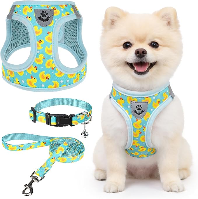 SCENEREAL Small Dog Harness and Leash Collar Set, Step in Soft Light Puppy Vest, Breathable Pet Harness for Small Sized Dogs, No Chock Reflective for Safe Outdoor Walking, Yellow Duck S