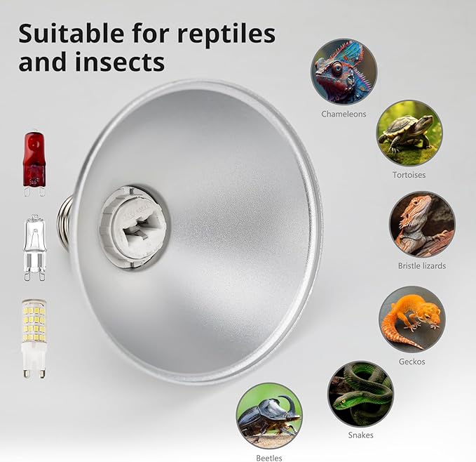 Reptile Heat Lamp Fixture 25W,Dome Reptile Light Fixture with 5PCS Halogen Heat Bulb,G9 UVA Basking Lamp E26 Lamp Socket for Turtle,Gecko,Lizard,Snake,Tortoise,Bearded Dragon,Frog