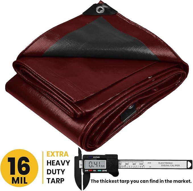 PROTARP Extra Heavy Duty 16 Mil Tarp Cover, Waterproof, UV Resistant, Rip and Tear Proof, Poly Tarpaulin with Reinforced Edges for Roof, Camping, Patio, Pool, Boat. (Maroon/Black 30′ X 60′)