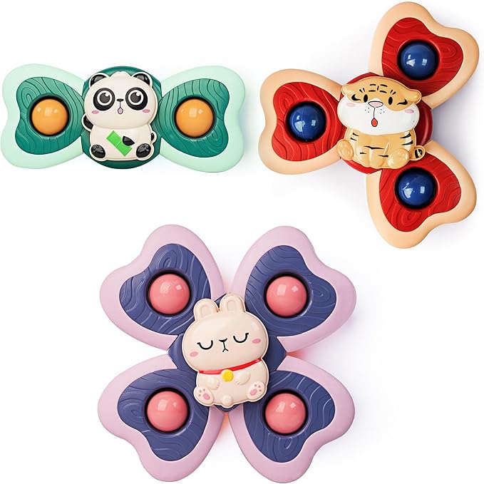 LiKee Strong Suction Cup Fidget Rotating Sensory Bath Toys for Baby 12 18 Months Airplane Car Travel Table & Window Toys for 1 2 Years Old Toddler Boys and Girls (Panda)