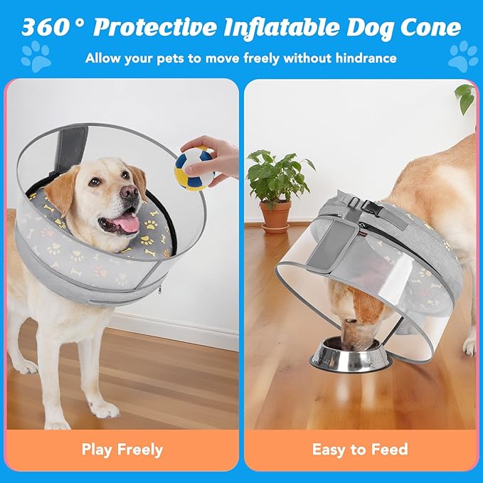 Inflatable Dog Cone with Anti-Licking Clear Shield, Protective Dog Donut Collar After Surgery, Adjustable Soft Recovery Cone for Pets, Alternative Collar with Buckle Strap (Grey Paw, XL)