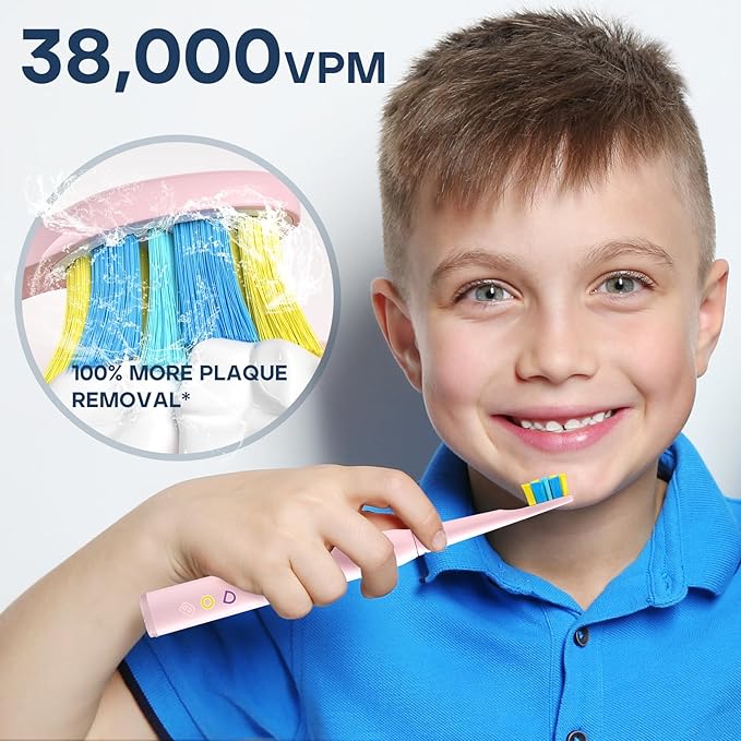 SEAGO Kids Electric Toothbrush, Rechargeable Sonic Soft Bristle Toothbrushes with 8 Brush Heads, DIY Stickers and 5 Modes, Ideal for Kids and Children, Ages 3–12,SG2303(Pink)