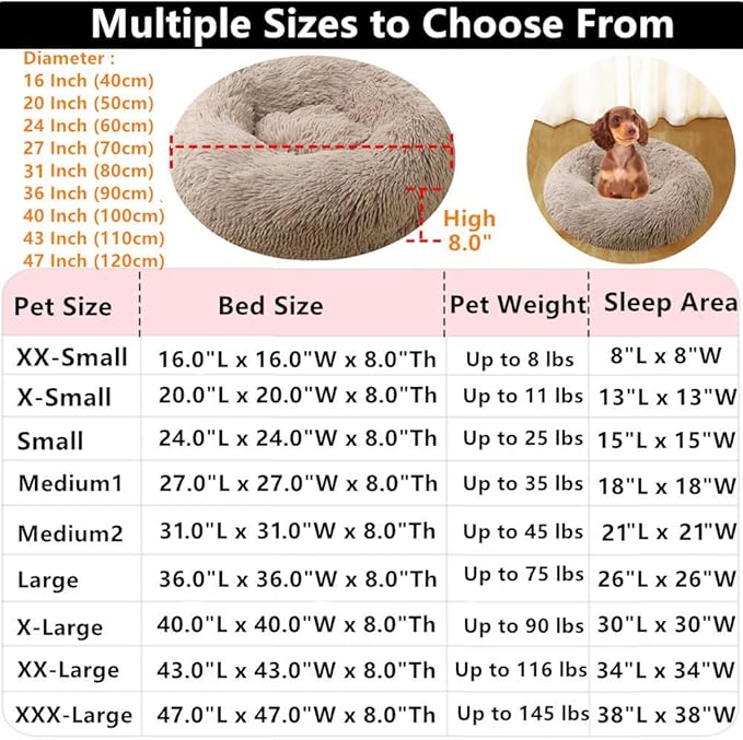 Donut Dog Bed Cat Bed, 20 Inch Round Fluffy Dog Beds for Small Dogs and Cats, Anti-Anxiety Donut Dog Cuddler Bed, Washable Pet Bed for Medium Dogs and Cats