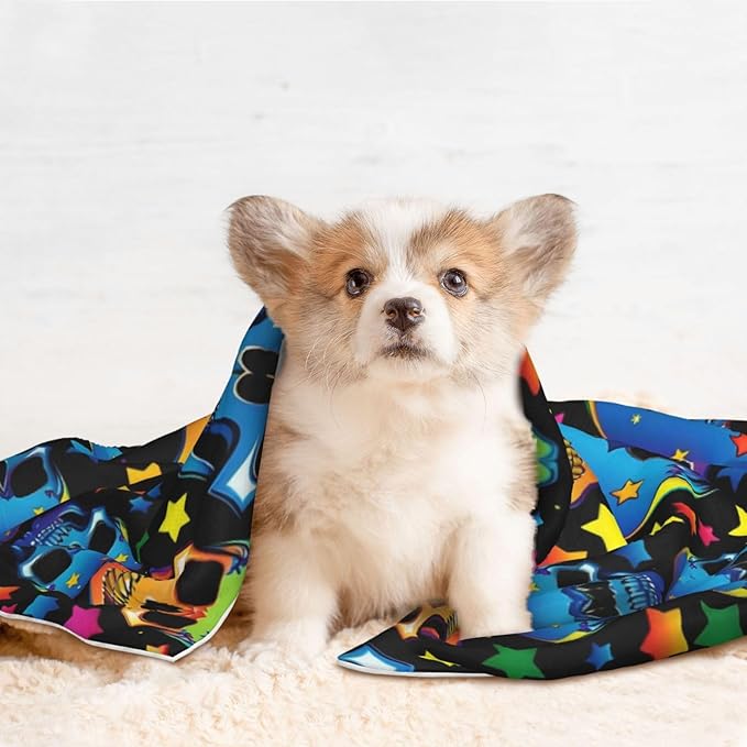 Double Sided Pet Mat for Dog Bed Topper Cat Blanket Furniture Protector, Colorful Stars Neon Skulls, Reversible Plush with Tactile Dot Pattern for Style Change