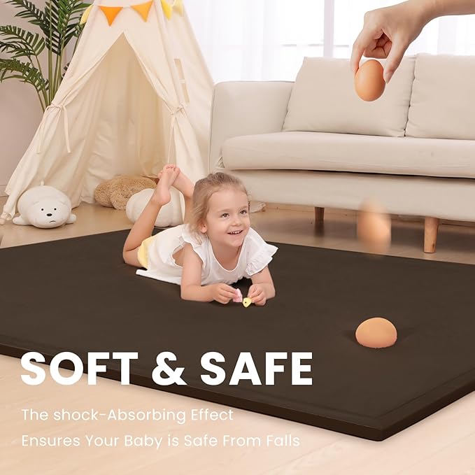 Baby Play Mat for Floor,1.3" Thick Memory foam Tummy Time Mat,Water Repellent Soft Velvet Nursery Rug,Extra Large Non Slip for Crawling,Toddlers,Infants,kids,Tatami Style for Living Room(Dark Brown)