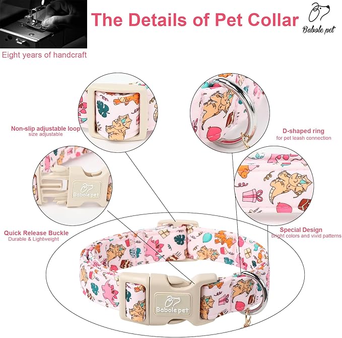 Cute Dinosaur Dog Collar, Adjustable Pink Dino Dog Collars for Medium Dogs, Lightweight Quick-Release Buckle Birthday Collar for Boy&Girl Dogs M