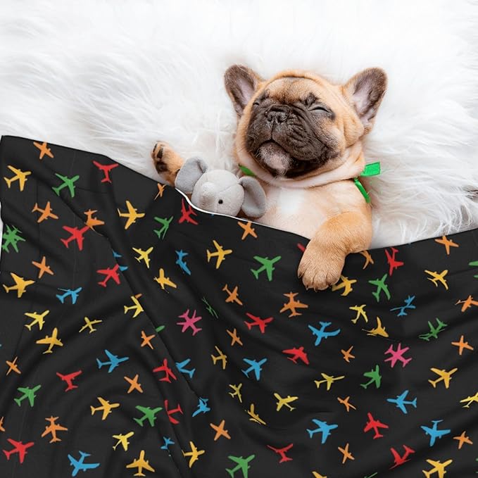 Double Sided Plush Pet Blanket with Cozy Dot Texture and Smooth Reverse, Colorful Aircraft Airplane Black, Reversible Throw for Dogs Cats on Couches Beds Crates