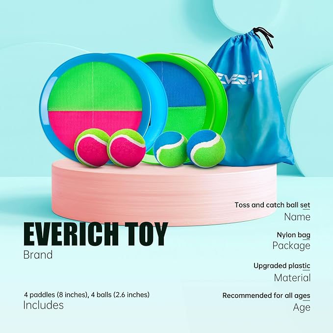 EVERICH Upgraded Toss and Catch Ball Game Set - Indoor and Outdoor Games for Kids 3-12, Beach Sand Pool Water Toy Includes 4 Paddles 4 Sticky Balls, Great Birthday Easter Gifts for Boys Girls