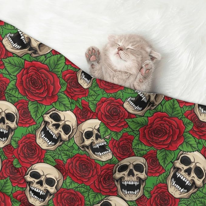 Double Sided Pet Mat for Dog Bed Topper Cat Blanket Furniture Protector, Floral Rose Flowers Day of The Dead Sugar Skulls, Reversible Plush with Tactile Dot Pattern for Style Change