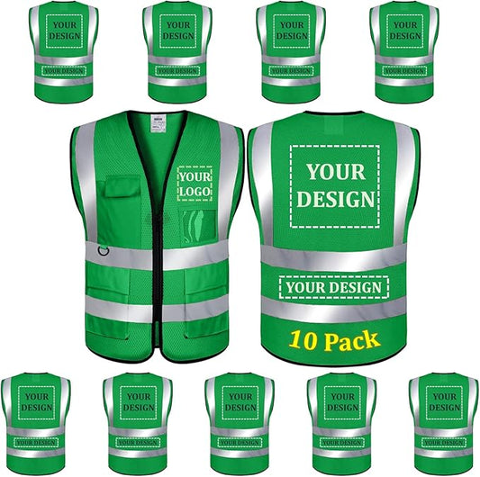 10 Pack Mesh Safety Vest Custom Logo High Visibility Reflective Vest with Pockets Security Work Vest（Green，XL）