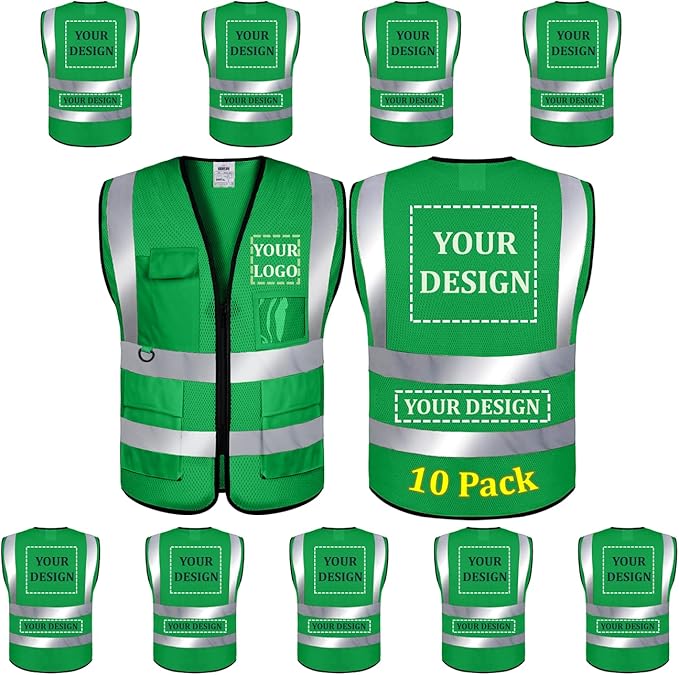 BeautyWill 10 Pack Mesh Safety Vest Custom Logo Class2 High Visibility Reflective Vest with 5 Pockets Construction Security Work Vest ANSI/ISEA Standards（Green，3XL ）