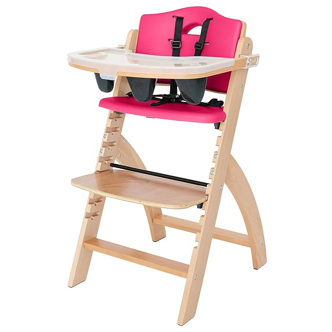 Abiie Beyond Junior Wooden High Chair with Tray - Adjustable and Convertible High Chair for Babies and Toddlers - 6 Months to 250 Lb - Water Resistant - Natural Wood/Raspberry Cushion