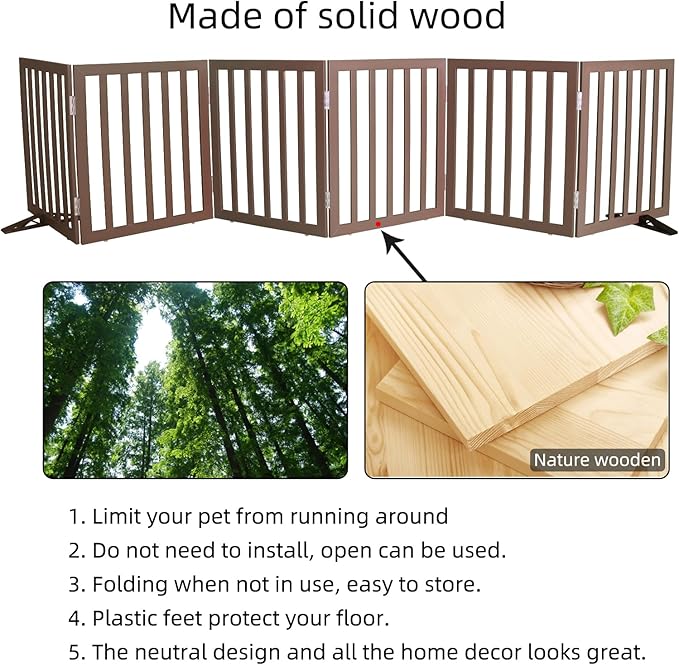 Dog Gate Indoor, Freestanding Dog Fence for The House, Doorways, Hallways,or Stairs,Pet Gate Foldable Wooden,Expandable 24" Height 6 Panels,Brown