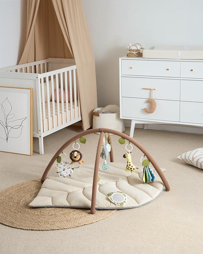 Blissful Diary Baby Play Gym & Activity Mat, Leaf Shaped Baby Tummy Time Play Mat with 6 Detachable Toys, Promotes Motor Skills & Sensory Development, Newborn Baby Essentials Gift, Oatmeal Beige