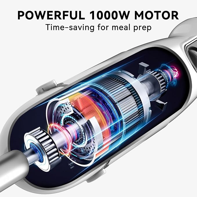 Immersion Blender Handheld 5 in 1 Hand Blender, 1000W Hand Mixer Stick, BPA-Free 12 Speed Handheld Blender with Mixing Beaker, Chopper, Whisk and Milk Frother for Soup, Sauce, Baby Food (White)