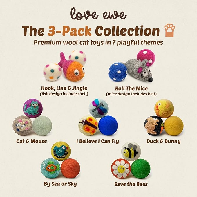 Hustle & Blush Love Ewe Felted Cat Toys 3 Pack - 3 Inch Fish & 2 Inch Ball Hand Made Cute & Fun Design Kitten Wool Felt Balls with Bell for Indoor Play - 100% New Zealand Handmade - Holiday Pet