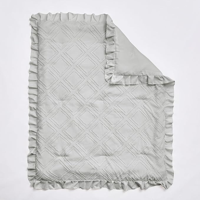 Mini Crib Bedding Set 3 Pieces Baby Boho Quilted Tufted Ruffles Comforter with Fitted Sheet and Ruffled Bed Skirt - Cute Shabby Baby Bedding Fits Mini Crib Only Light Gray