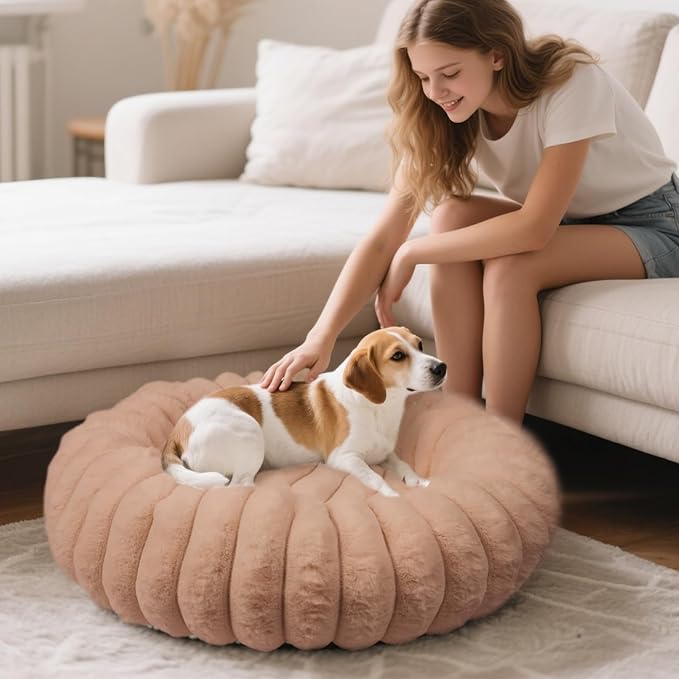 Donut Dog and Cat Bed, Luxurious Comfortable Faux Rabbit Fur Pet Beds, Round Anti-Anxiety Calming Puppy Kitten Bed with Anti-Slip Bottom for Small Medium Large Dogs & Cats(31", Brown)