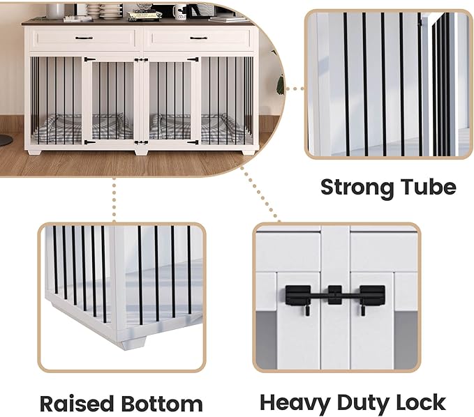Furniture Style Dog Crate, 72" Large Wooden Dog Kennel with Drawers & Divider, Heavy Duty Indoor Dog Cage with Double Rooms for Large Medium Small Dogs, White