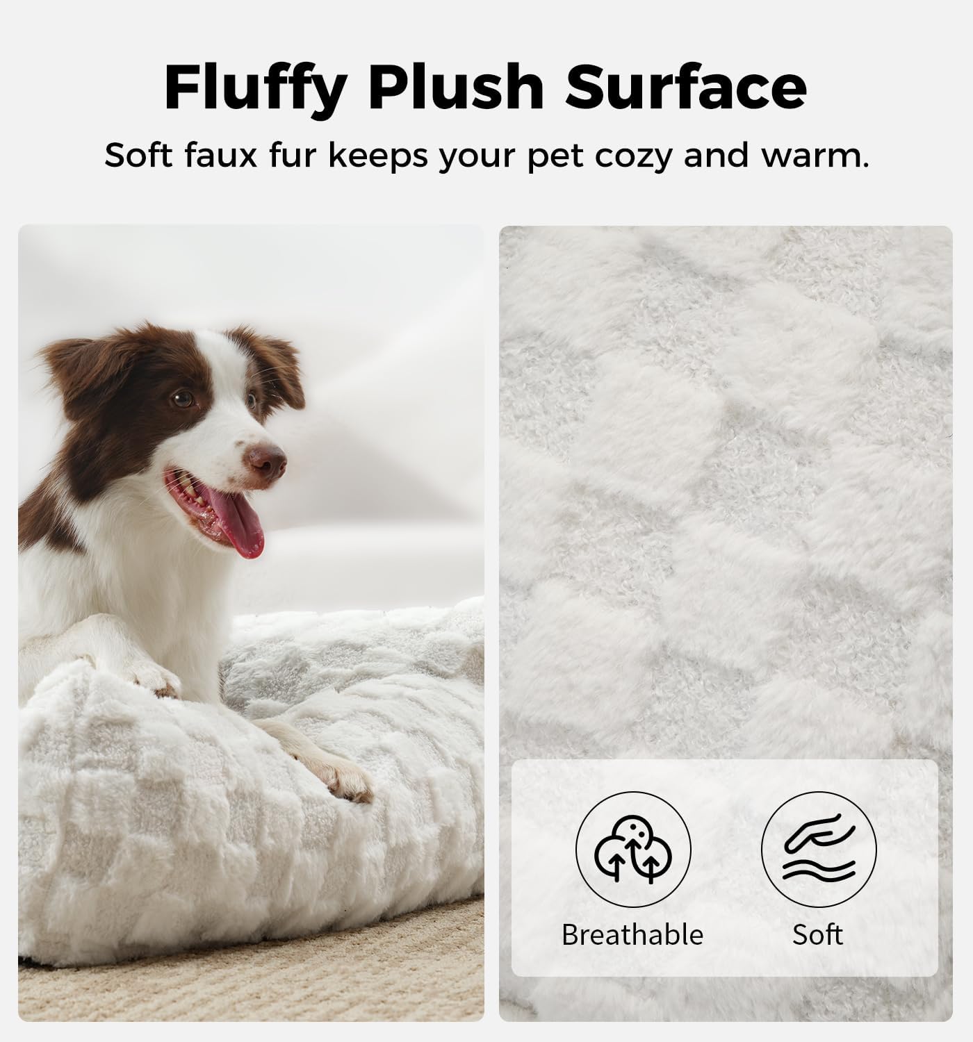 Made4Pets Cat and Dog Couch Bed, Soft Faux Fur Checkered Pet Sofa, Cozy Fluffy Pet Sofa with Supportive Foam, Removable Washable Cover with Non-Slip Base, White, Medium