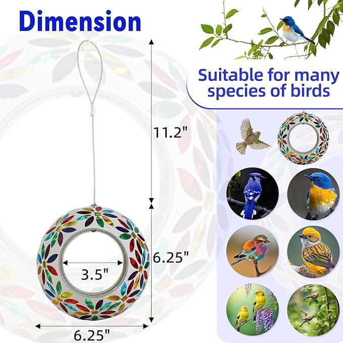 VOREEN Mosaic Glass Bird Feeder – 6" Handcrafted Hanging Fly-Through Feeder for Outdoor Garden Décor, Wild Bird Seed Feeder with Multicolor Flower Design – Gift for Mom Wife Friend Nature Lovers