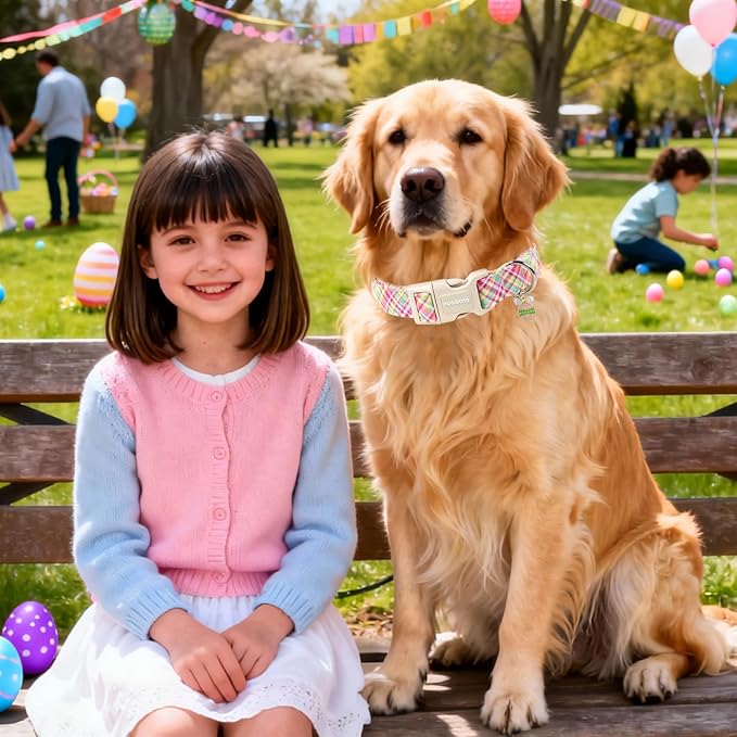 DOGWONG Easter Dog Collar, Cute Easter Colorful Plaid Pet Collar Durable Holiday Girl Boy Adjustable Cotton Dog Collars for Puppy Small Medium Dogs,M Visit The Elegant Little Tail Store