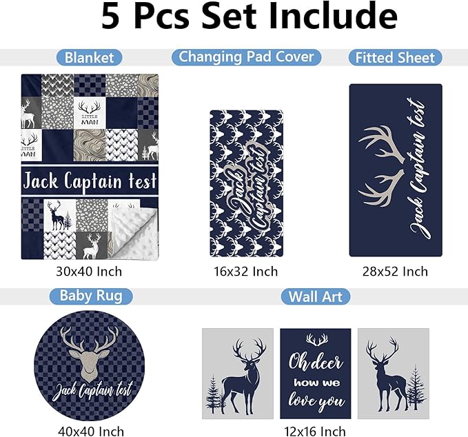 Personalized Baby Bedding Set, 5 Pcs Custom Name Crib Bedding Set, Double Layer Blue Nursery Bedding Set for Baby Boys, Woodland Deer Baby Crib Set, Gifts for Toddlers Infants New Parents