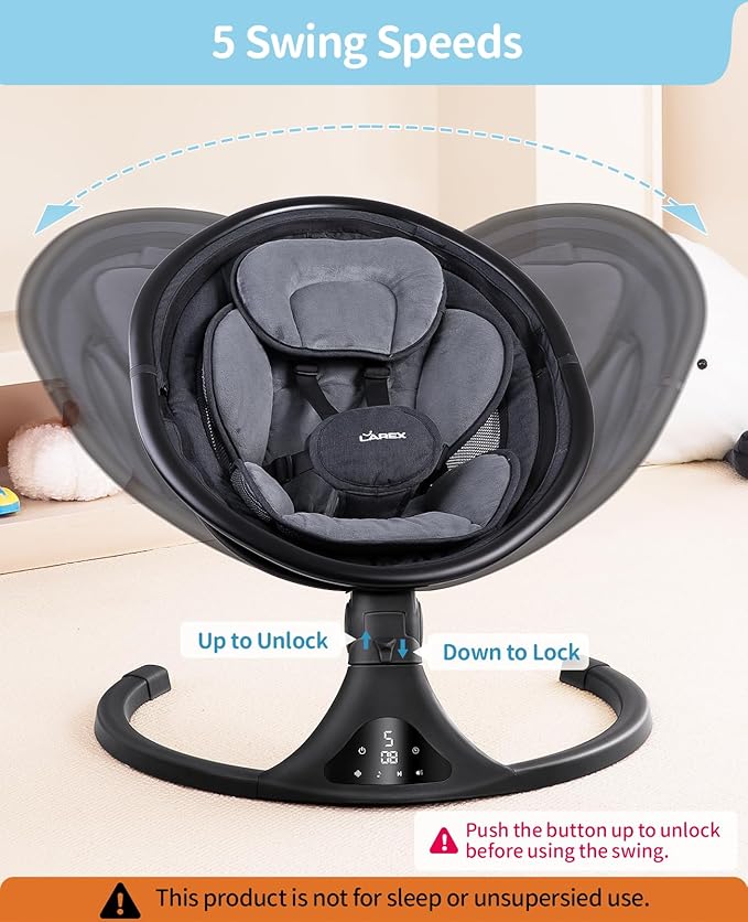 LAREX Baby Swing to Toddler Electric Infant Swing Portable for Newborn Boy Girl, 5 Sway Speeds with Remote Control, 12 Preset Melodies and Bluetooth, 0-6 Months Max 20 Lbs (2024 Model-Black)