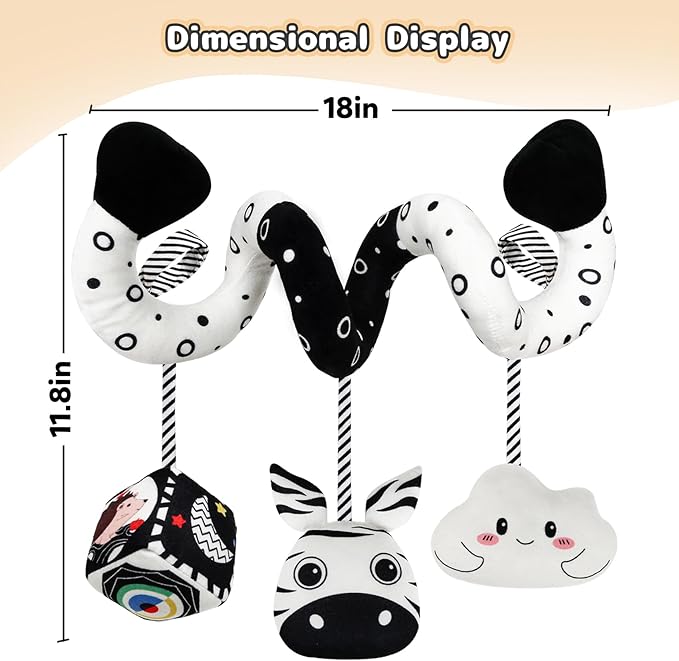 Car Seat Toys for Babies 0-6 Months,Hanging Rattle Toys for Crib Mobile, Baby Spiral Hanging Stroller Black and White High Contrast Toys for Newborn 0 3 6 9 12 Months Baby Boys Girls (Zebra)