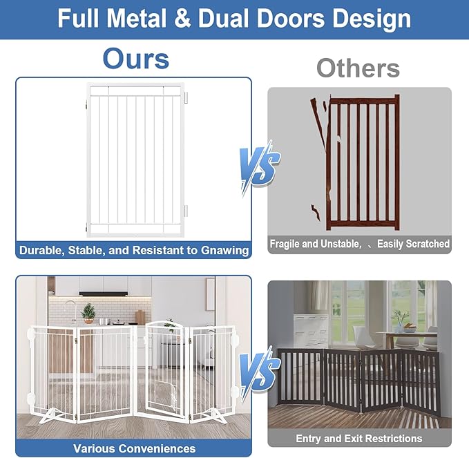 Metal Freestanding Dog Gate with Cat Door for Indoor/Outdoor,80" Extra Wide Foldable Pet Gate,32" Tall Foldable Indoor Dog Fence for Large Openings Stairs,Deck,Yard,Doorways(4 Panels,White)