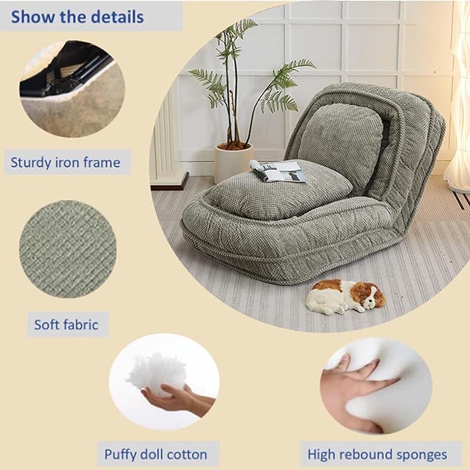 Human Dog Bed for Adult and Kids, Comfy Foldable Lazy Floor Sofa Bed with 5 Adjustable Position, Grey Upholstered Floor Bean Bag Lounger Chair for Bedroom, Living Room,Office (Green)