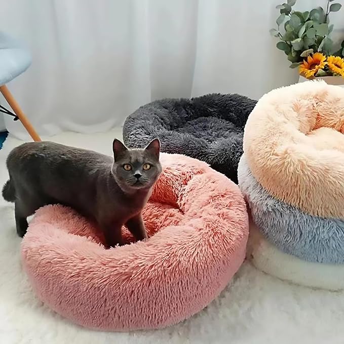 Calming Dog Bed for Small Dogs, Calming Donut Cuddler Pet Bed Anti Anxiety Round Dog Bed Fluffy Plush Faux Fur Cat Bed,Colorful Pink,15.7IN