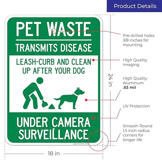 Pet Waste Leash-Curb and Clean Up After Your Dog Under Camera Surveillance Sign, 18x24 Inches, Rust Free .063 Aluminum, Fade Resistant, Made in USA