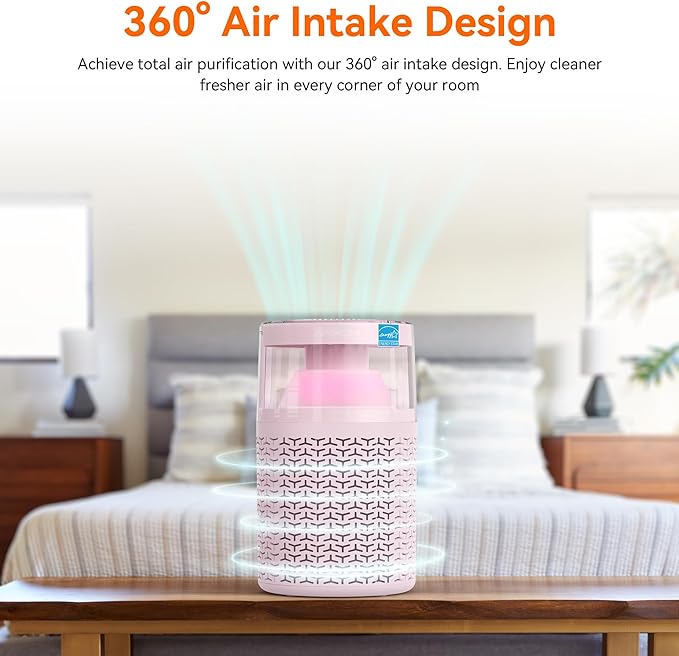 AIRROMI Pet Air Purifier for Home & Bedroom, HEPA Activated Carbon Filter, Removes Pet Dander & Odor, Allergies, Smoke, Hair, Night Light, Fragrance Sponge, Up to 658 ft², A2002 Pink