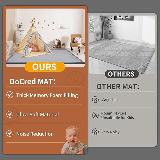 Baby Play Mat for Floor - 1.4" Thick Memory Foam Rug, 60"x60" Playpen Tummy Time Mat, Soft Velvet Nursery Rug, Large Padded Crawling Mat, Cushioned Pads for Playroom Toddlers, Infants, Yoga, Tatami