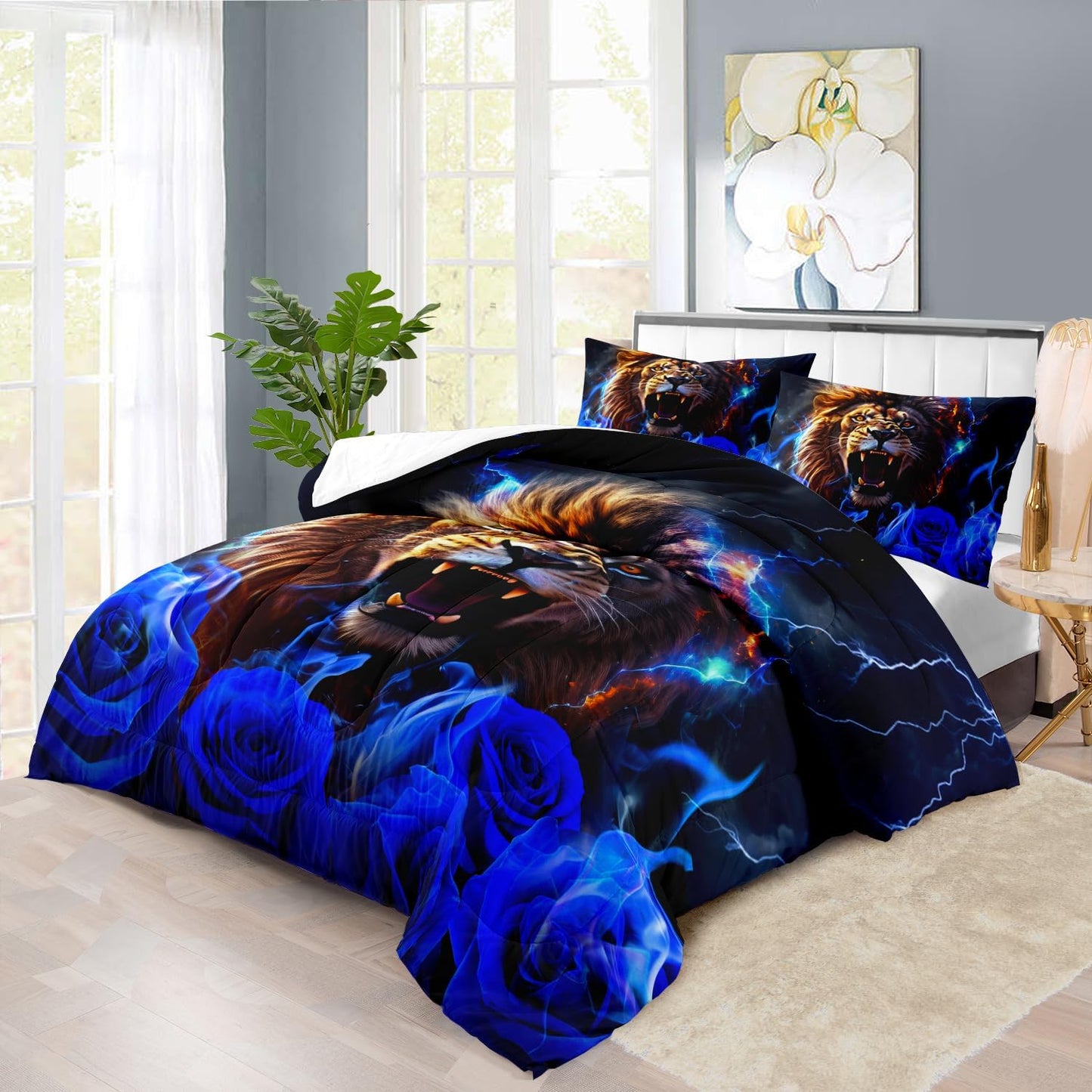 Lion Blue Comforter Set Twin,Lion Bedding Set Boys,Animal Print Comforter Bedroom Decor for Home,Vintage Floral Quilt,Blue Flower Bedding Adult,Tiger Quilt Bed Decor Teen