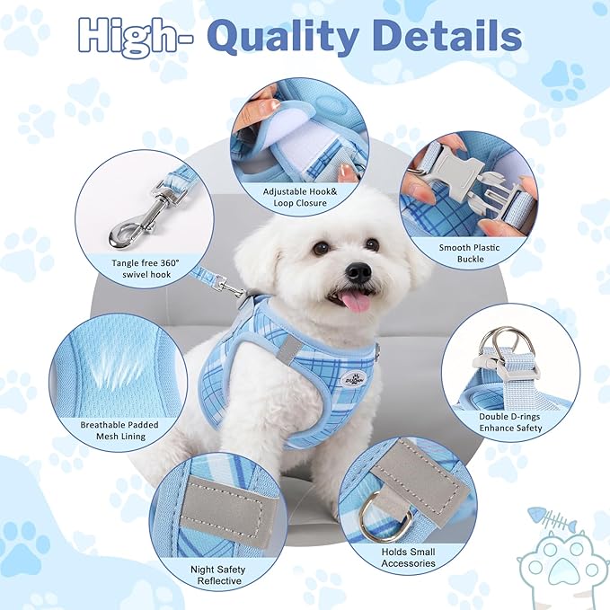 Gyuzh Small Dog Harness and Leash Set for Puppy & Kitten - 3-in-1 No Pull Step in Vest Collar, Lightweight Reflective Plaid, Padded Handle (Blue, XS)