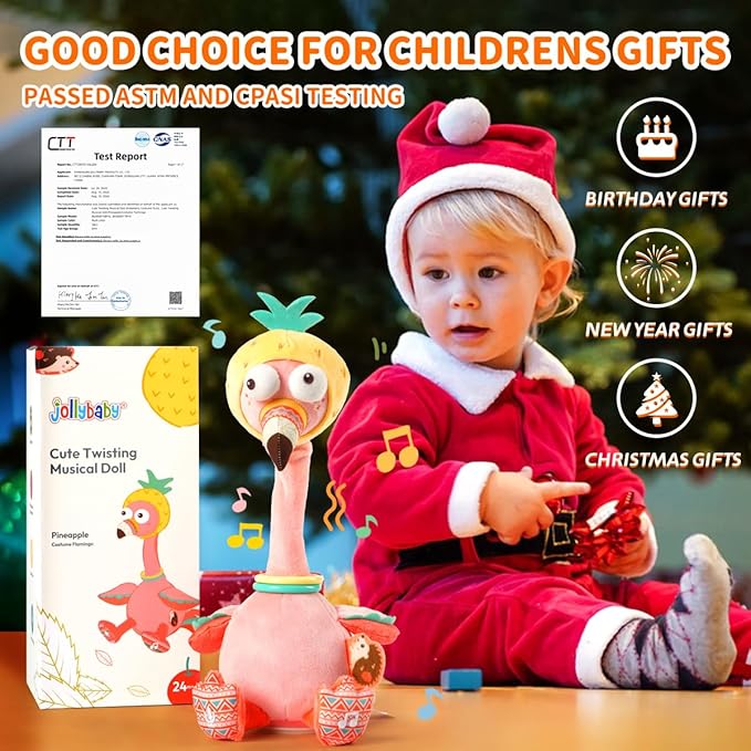 Jollybaby Plush Talking Singing Dancing Musical Flamingo Toy for Toddlers 1-3 Just Like Cactus Toy, Music Mimicking Interactive Toy for Crawling Kids, Sensory Stuffed Toy Gift for Baby 0-6-12 Month