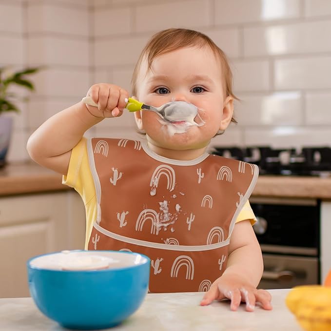 Mess Proof Baby Bib 3 Pack, Waterproof Led Weaning Baby Feeding Bibs with Food Catcher, Travel Feeding Bibs