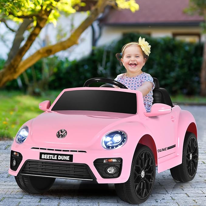 Costzon Ride on Car, 12V Licensed Volkswagen Beetle Battery Powered Vehicle w/Remote Control, Spring Suspension, Lights, USB, Horn, Music, 4 Wheeler for Boy Girl Gift, Electric Car for Kids, Pink