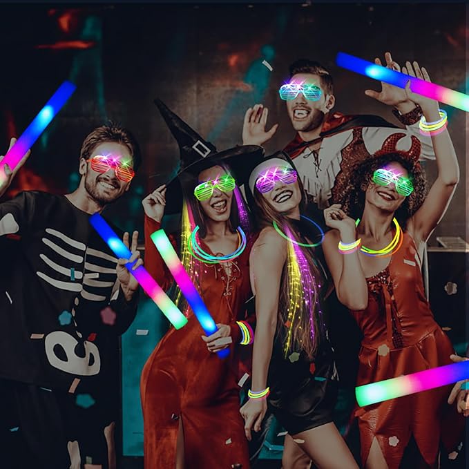 148 PCS Glow in the Dark Party Supplies, 16PCS Foam Glow Sticks, 16PCS LED Glasses,100PCS Glow Sticks Bracelets and 16Pcs LED Hair Clips Fiber Optic for Glow Party, Wedding, Halloween Party