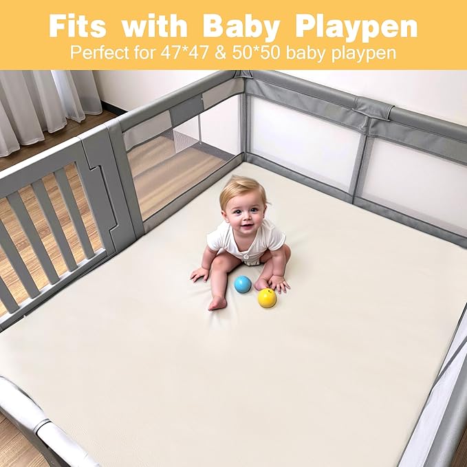 Padded 48" ×48" Baby Play Mat for Playpens, 1.3" Thick Foam Mat with Soft Vegan Leather, Baby Tummy Time Playmat for Floor, Fits 50" x50" Playpens