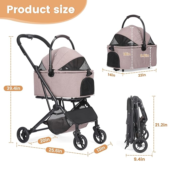 Wdyvko 3 in 1 Dog Stroller, Upgraded Frame, Up to 44lbs Pet Stroller with Dog Poop Bags & Dispenser, Zipperless Entry, Storage Basket & Pouch for Small Dogs Cats (Coffee)